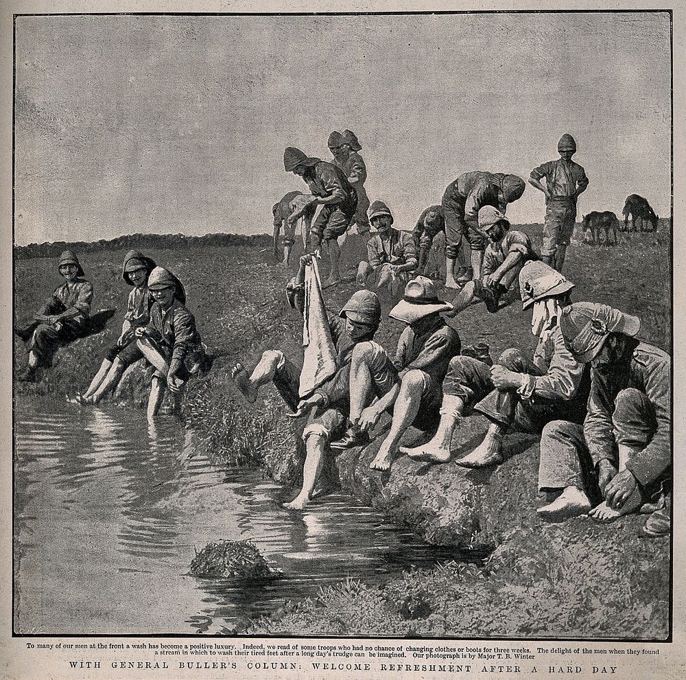 Boer War: soldiers washing their feet in a stream. Halftone, c.1900, after T. Winter.
