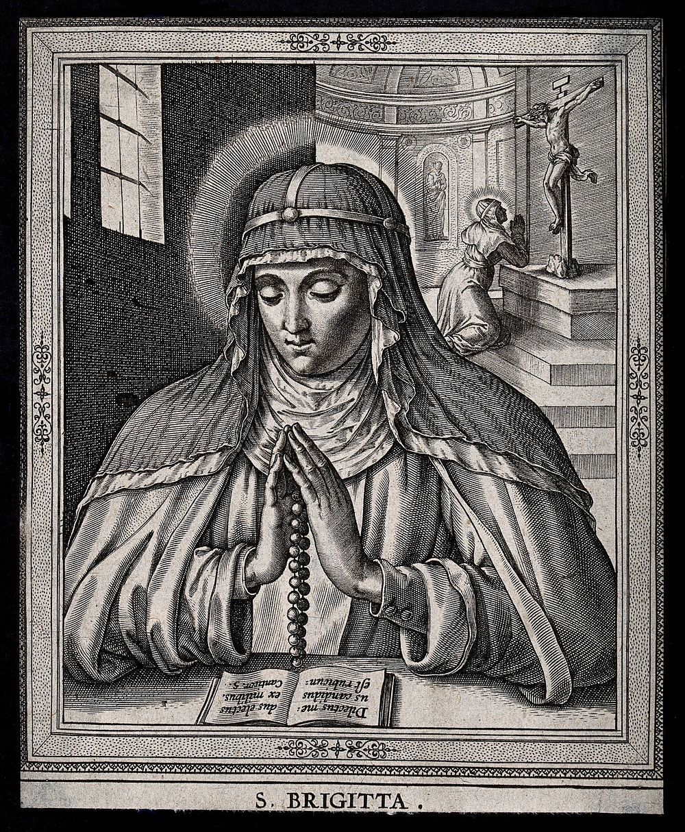 Saint Bridget of Sweden. Line engraving by H. Wierix after P. Galle.