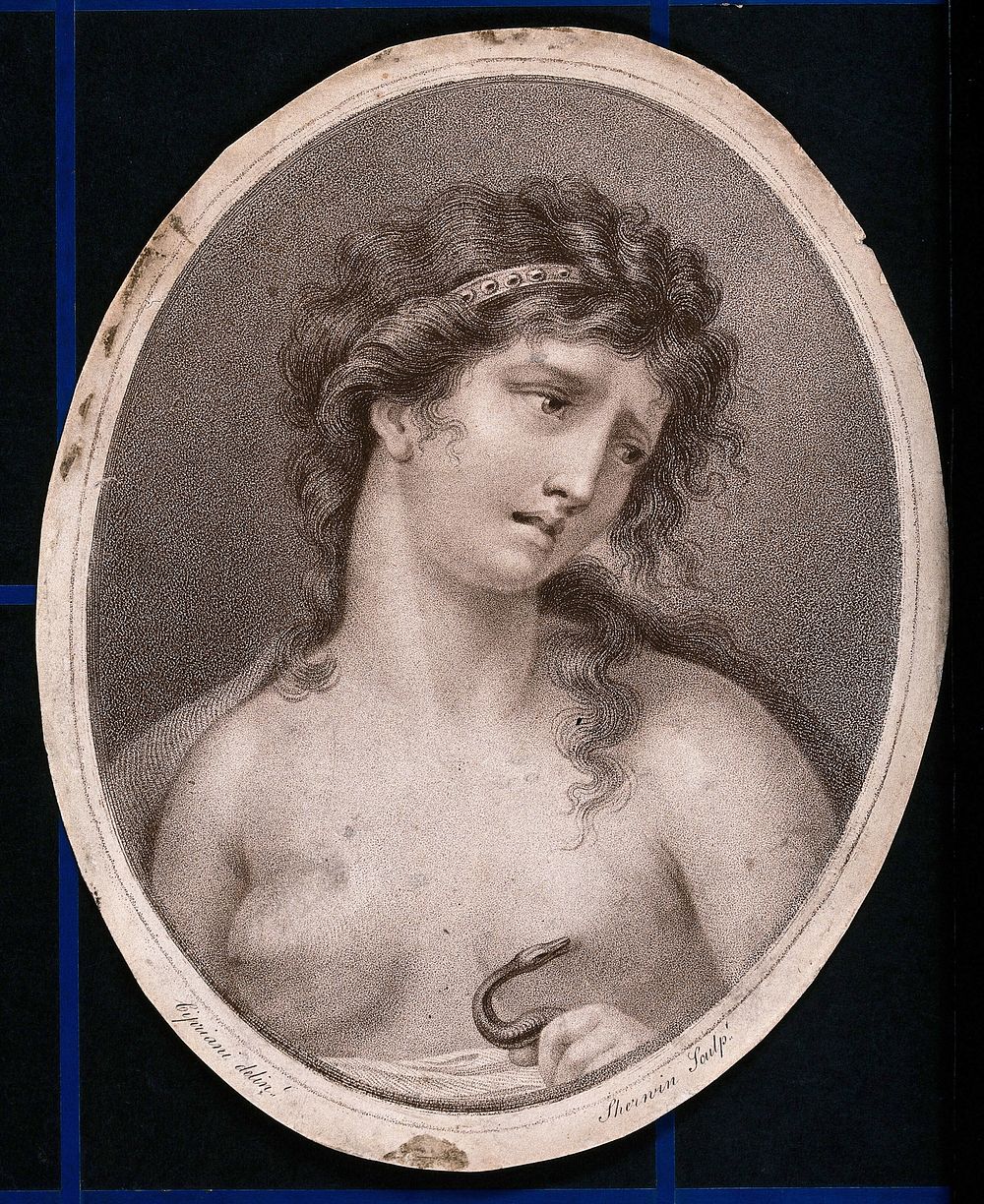 The suicide of Cleopatra: Cleopatra holding the asp in her left hand. Stipple engraving by Sherwin after G.B. Cipriani.