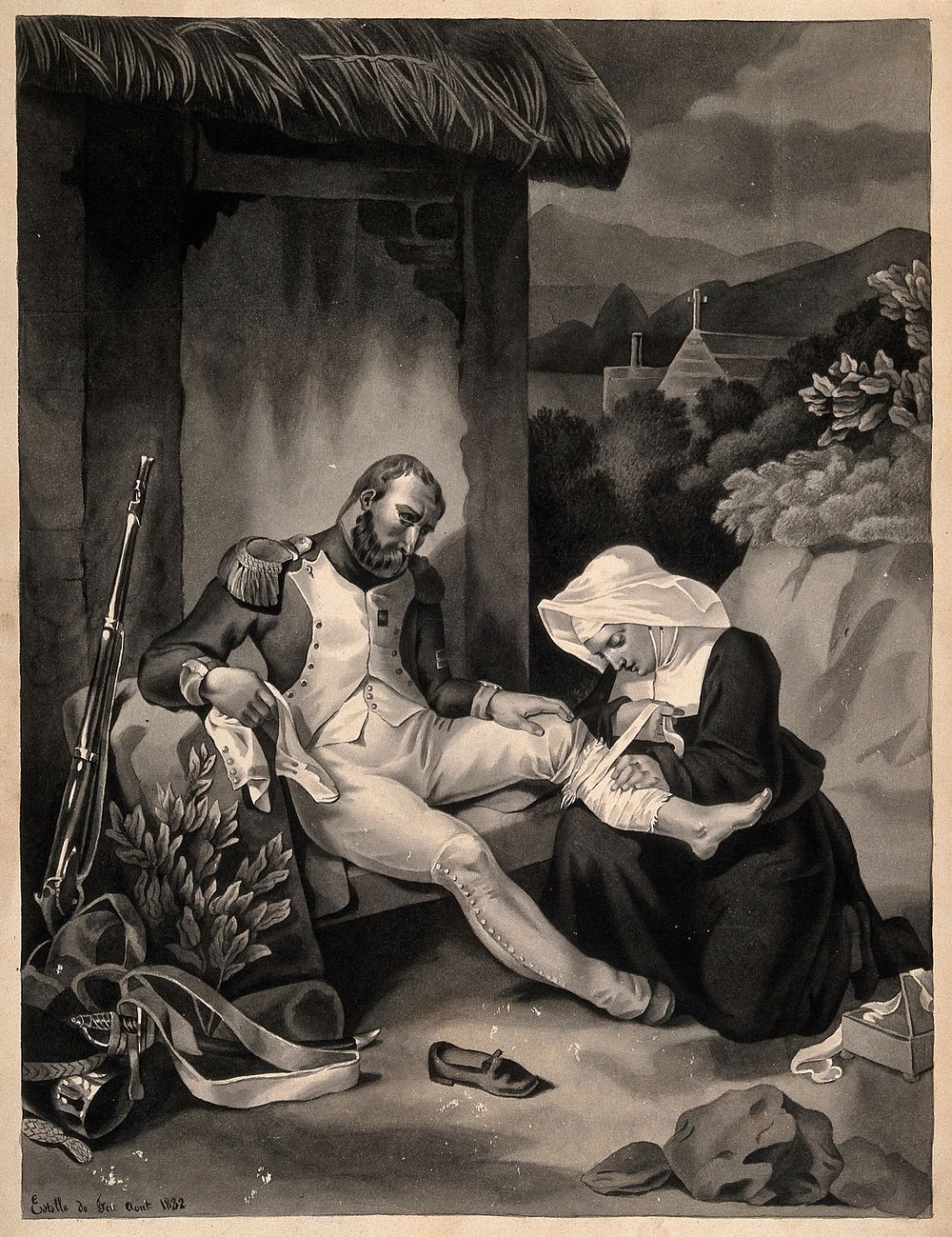 A nun of the order of St. Vincent de Paul dressing a wounded soldier's leg. Wash drawing by E. de Feu, 1832.