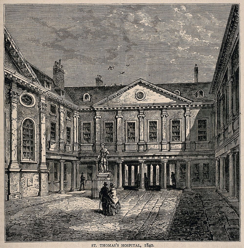 Old St. Thomas's Hospital: the first courtyard. Process print after a wood engraving, 1840.