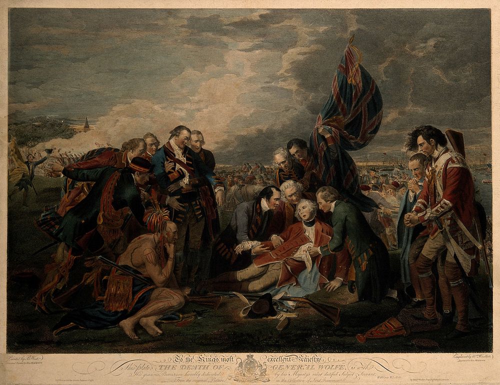 The death of General Wolfe, at Quebec, in the background are soldiers and the masts of ships. Engraving by W. Woollett…