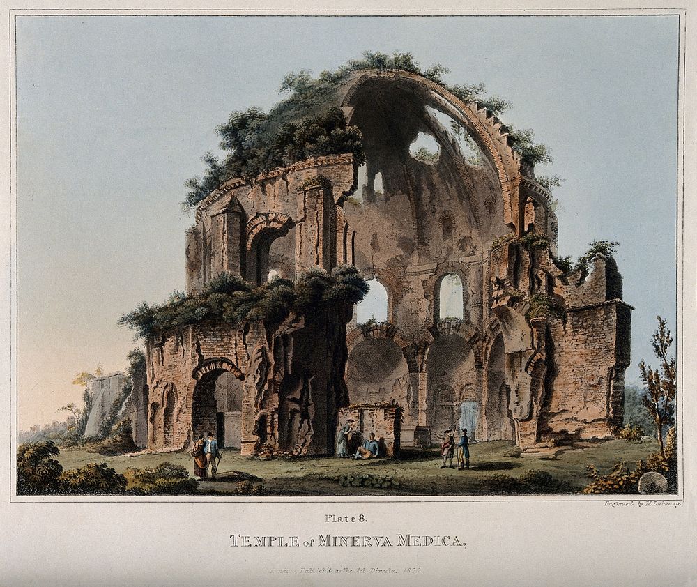 Temple of Minerva Medica, Rome. Coloured aquatint by M. Dubourg, 1820.