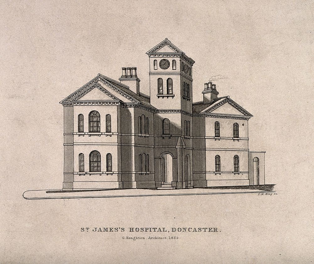 St James's Hospital, Doncaster. Line engraving by T.H. King after G. Haughton, 1852.
