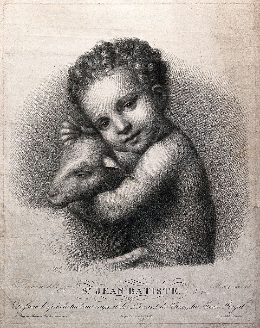 Saint John the Baptist as a child, holding a lamb. Stipple print by A.J. Mécou after G. Reverdin after Leonardo da Vinci, 18…