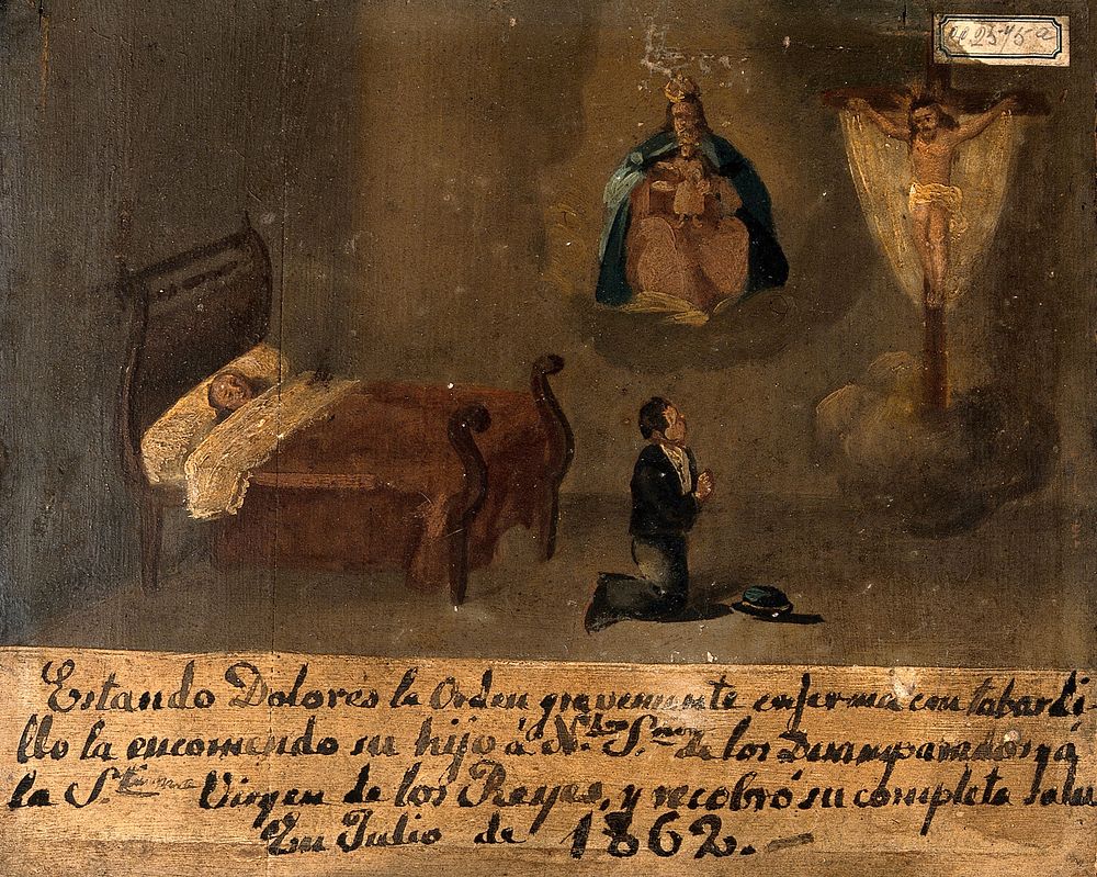 Dolores la Orden, sick with a burning fever, is commended by her son to Christ and the Virgin, July 1862. Oil painting by a…