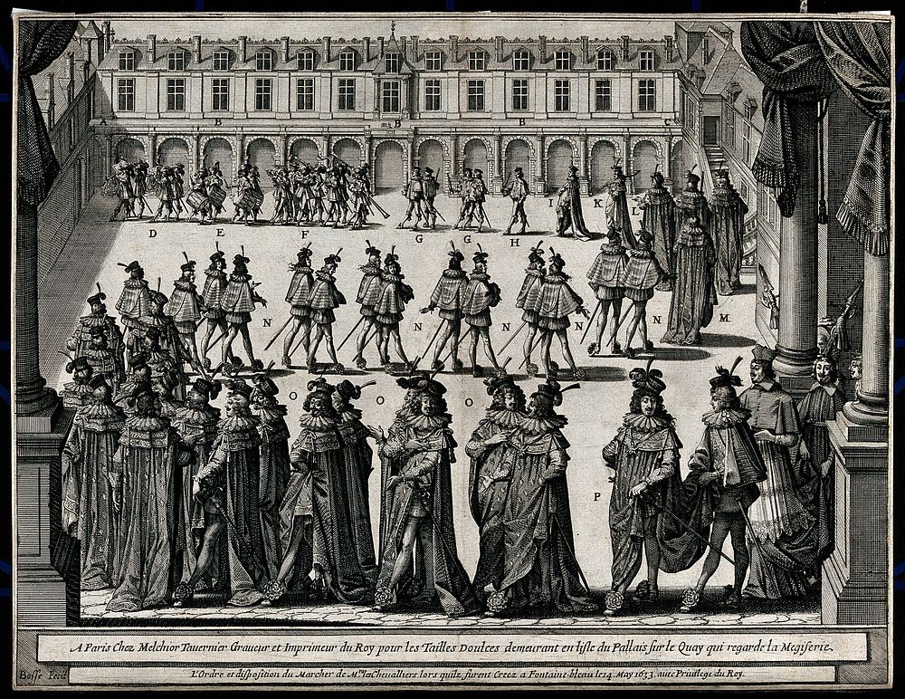 Procession of courtiers to the chapel of Fontainebleau, to be knighted. Engraving by Abraham Bosse, 1633.