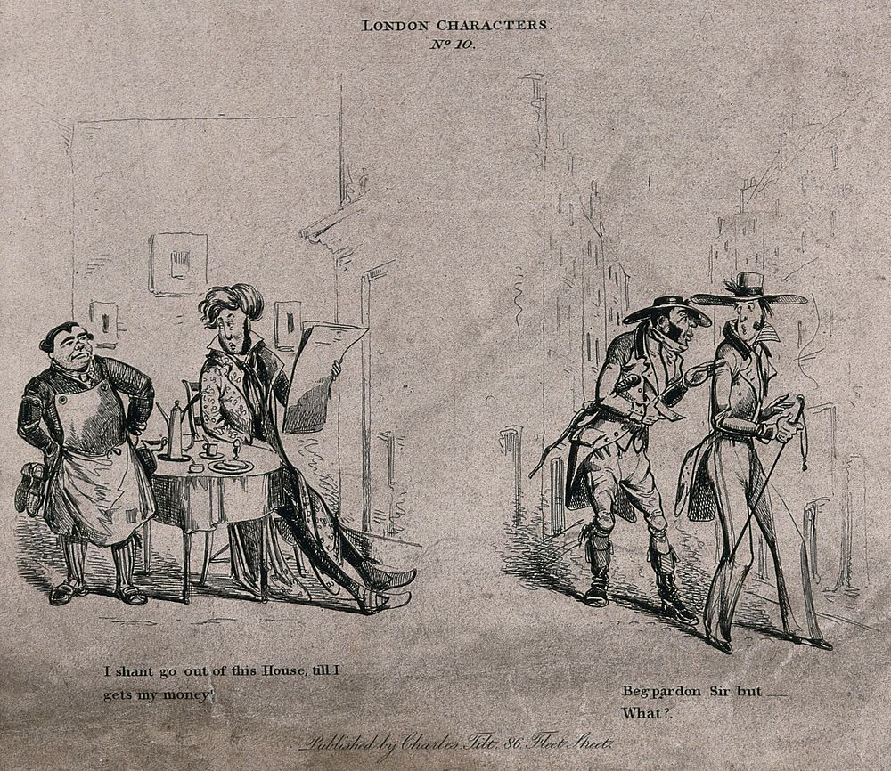 A lank old man at a bar asks a plump barmaid for a glass of gin (left); a man touches his forelock to a man wearing a…