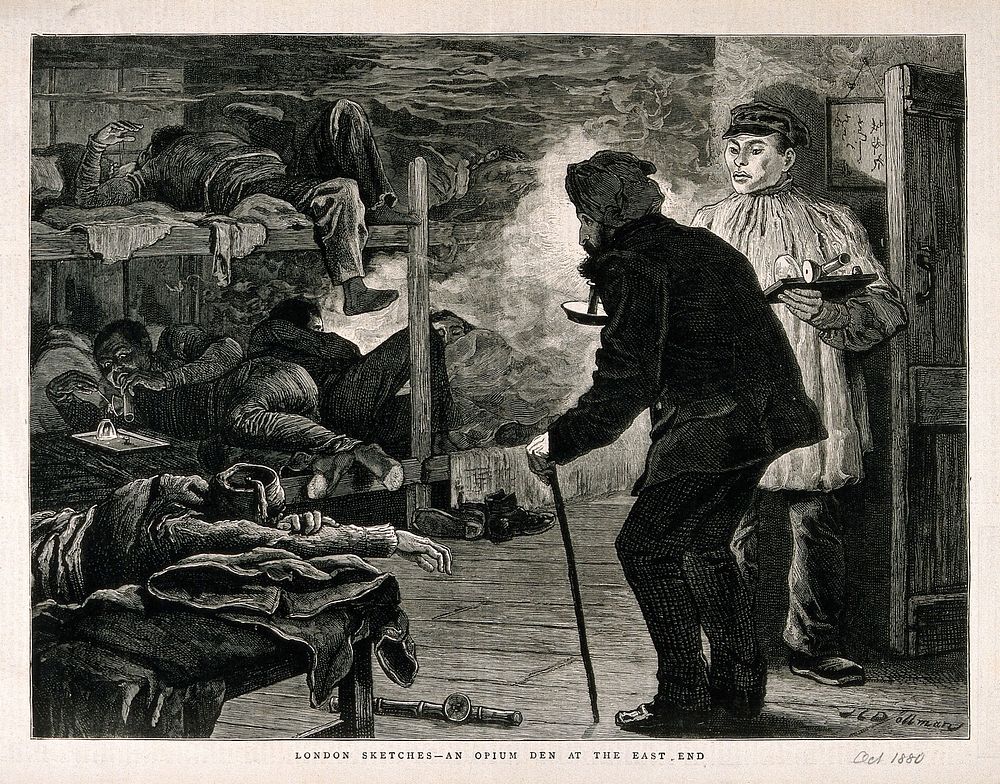 An opium den in London's East End with men lying on wooden bunks as a smoker enters. Wood-engraving, c. 1880, after J. C.…