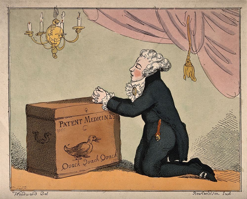 A medicine vendor kneeling and praying. Coloured etching by T. Rowlandson, 1801, after G. Woodward.