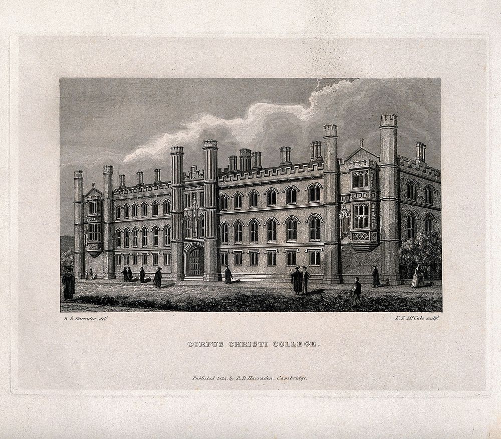 Corpus Christi College, Cambridge. Line engraving by E.F. McCabe, 1824, after R.B. Harraden.