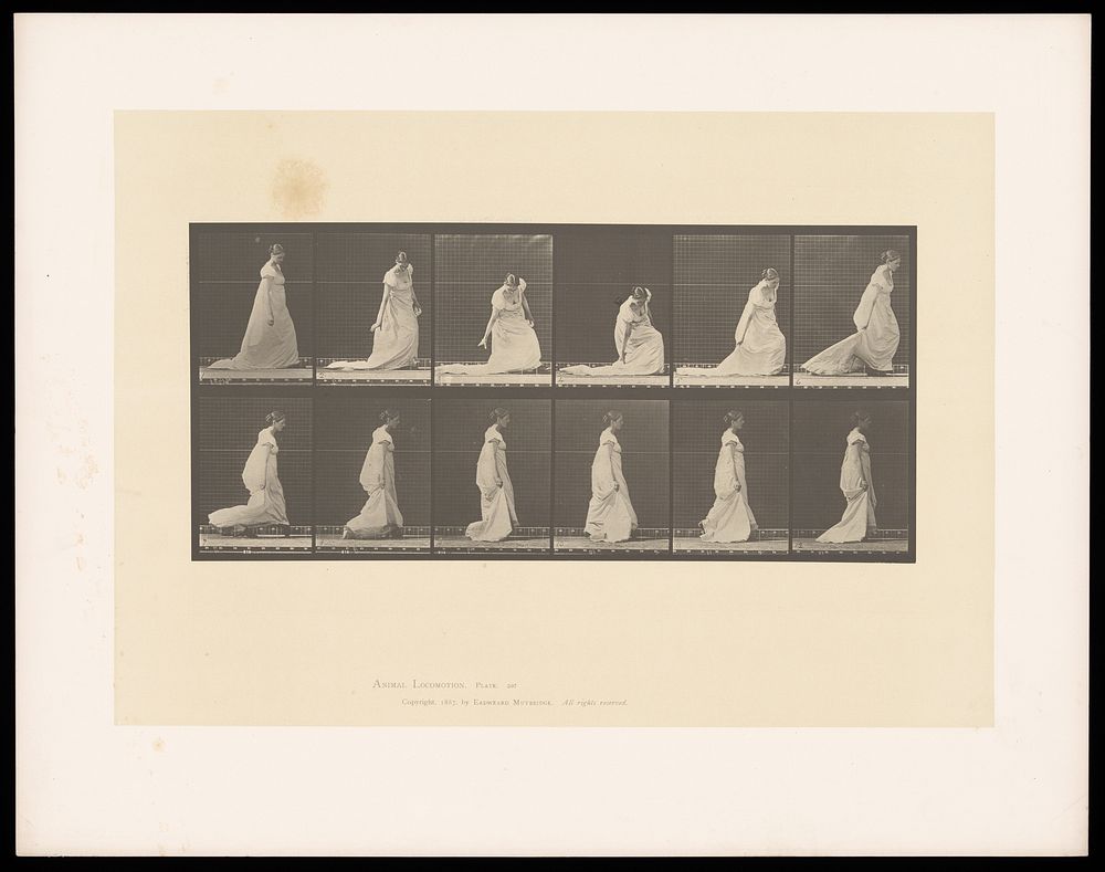 A clothed woman walking and bending to lift the hem of her dress. Collotype after Eadweard Muybridge, 1887.