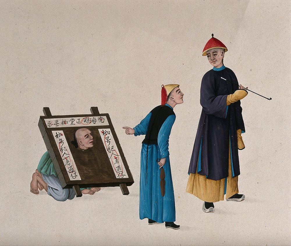 Two Chinese men standing contemplatively before a man whose head is confined in a contraption similar to stocks. Watercolour…