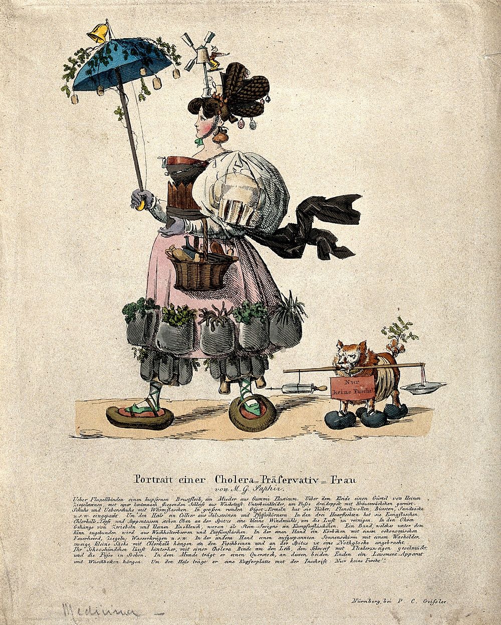 A woman extravagantly equipped to deal with the cholera epidemic of 1832; representing the abundance of dubious advice on…