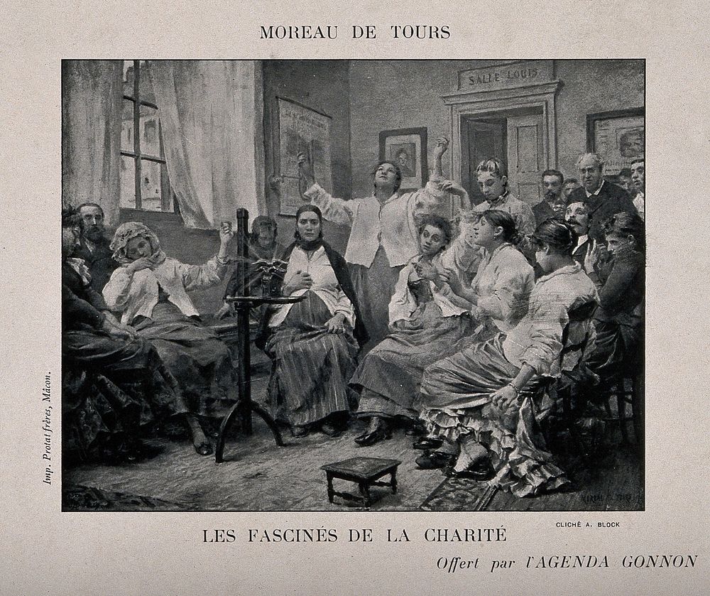 Mentally ill people at the Charité hospital sitting and looking at a piece of apparatus (camera). Photogravure by C. Block…