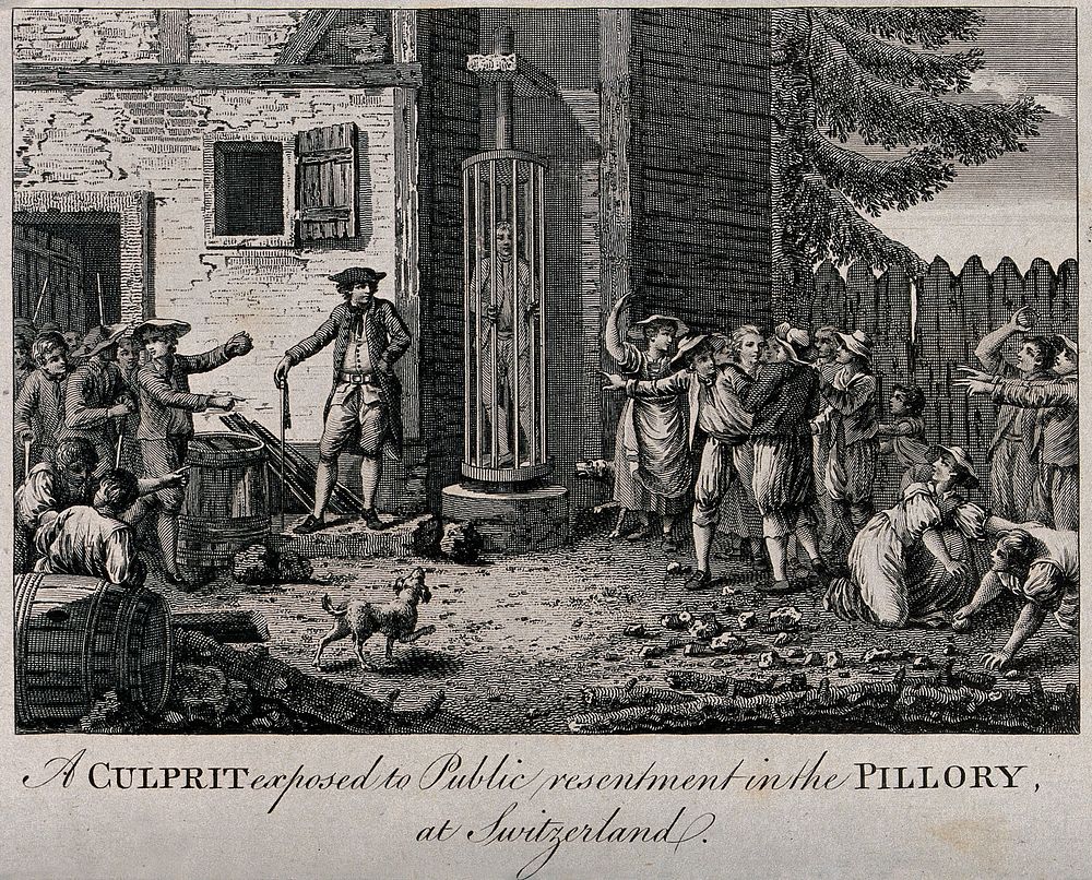 A malefactor in a pillory is exposed to public ridicule and people throwing stones at him. Etching.