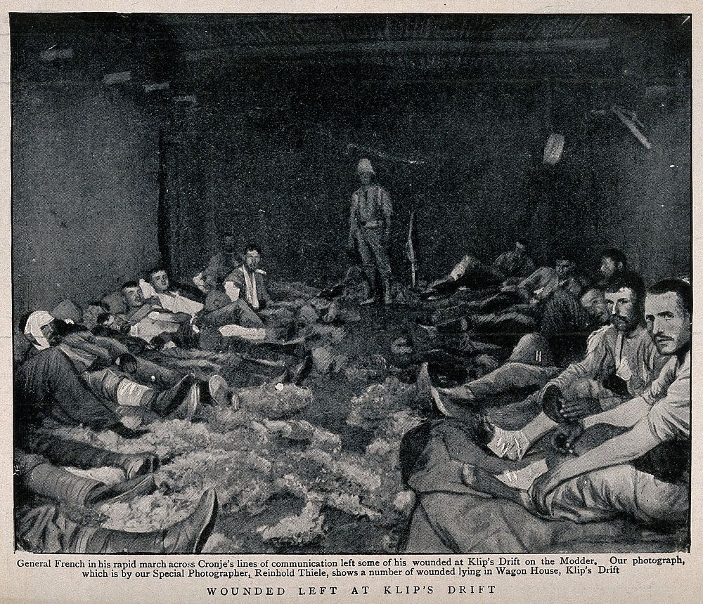 Boer War: wounded soldiers being tended at Klip's Drift. Process print after R. Thiele.