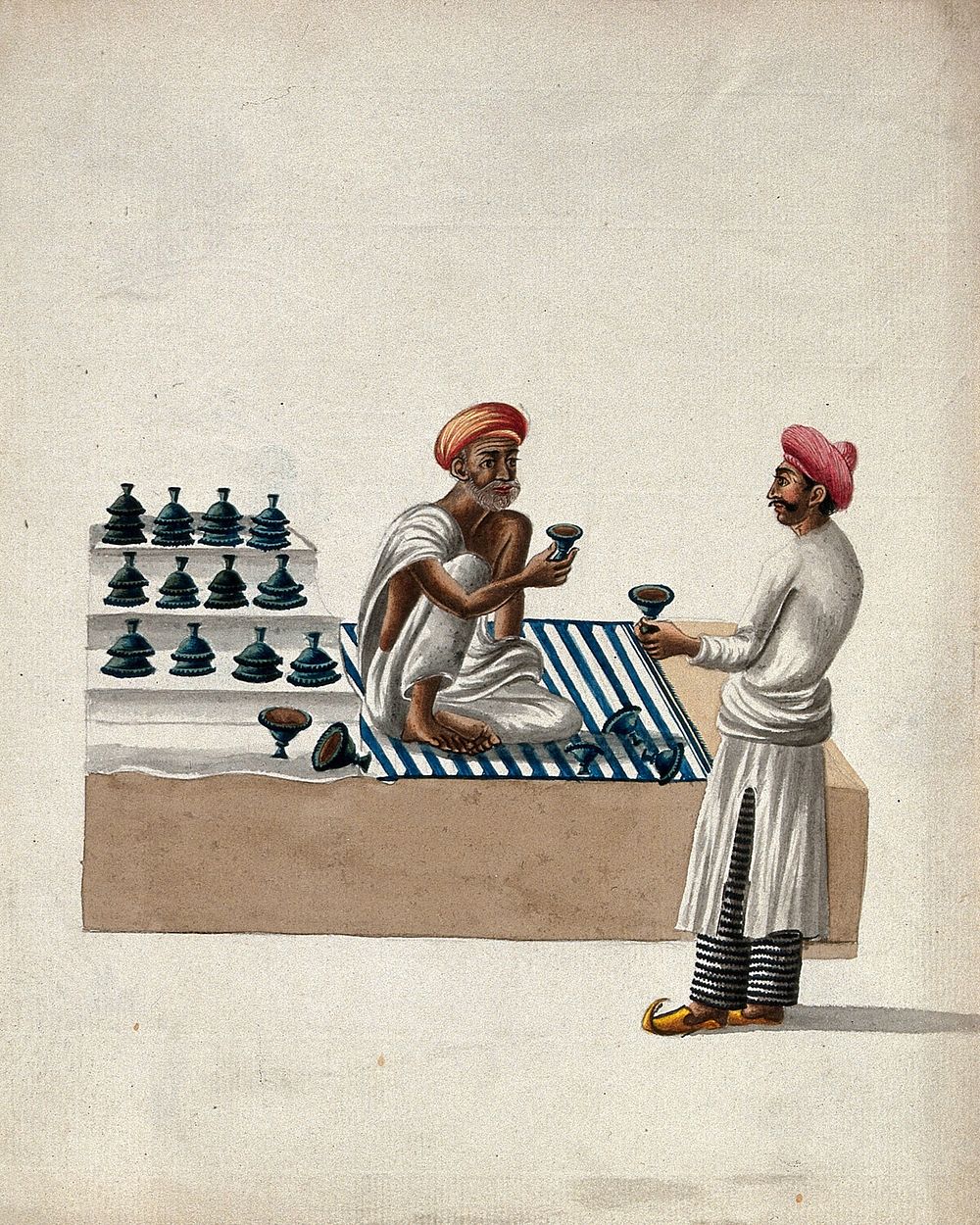 A shopkeeper selling earthen diyas (lamps)  to a man. Gouache painting by an Indian artist.