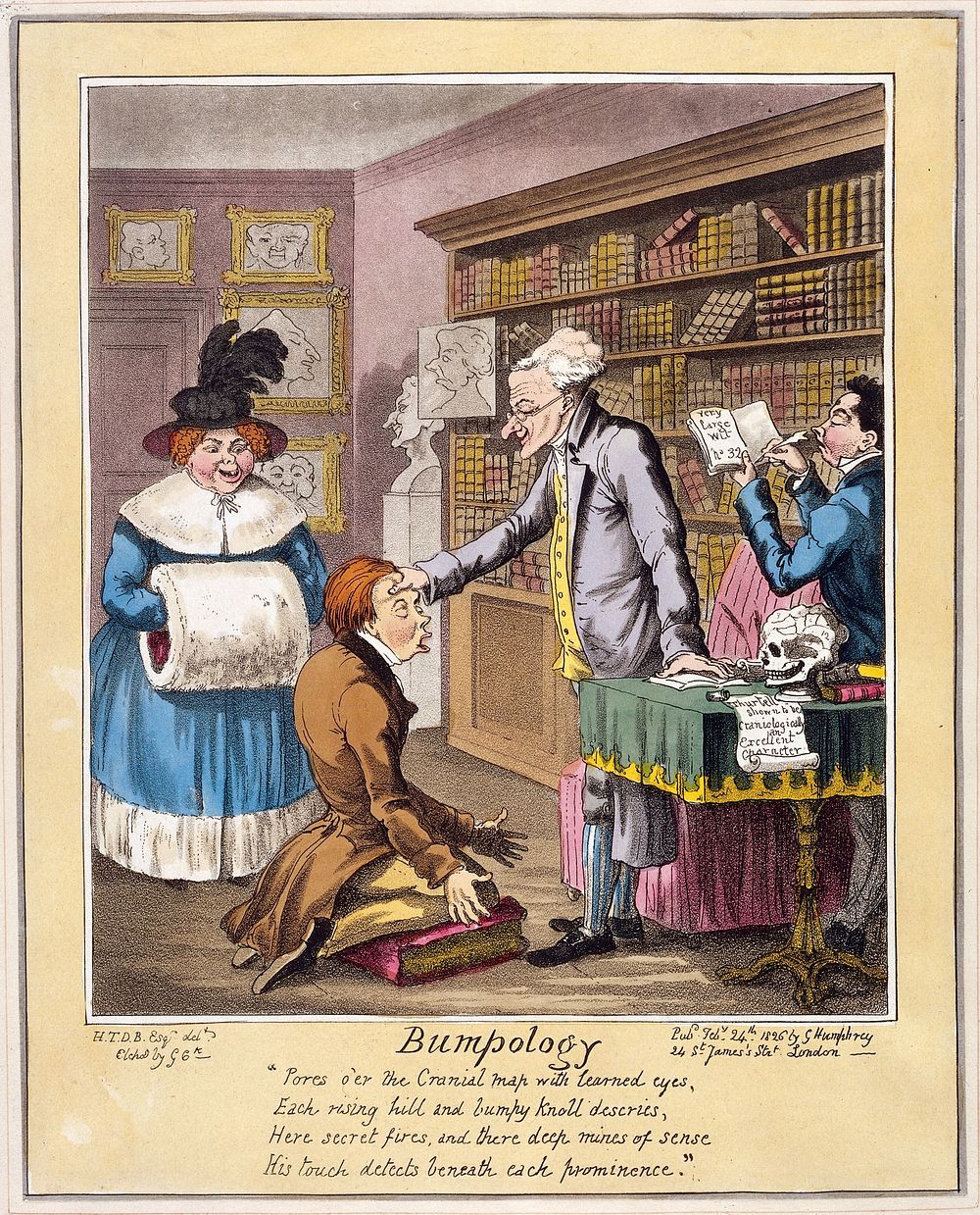 A phrenologist in his consulting room, examining the head of a young man and dictating the results to his assistant while a…
