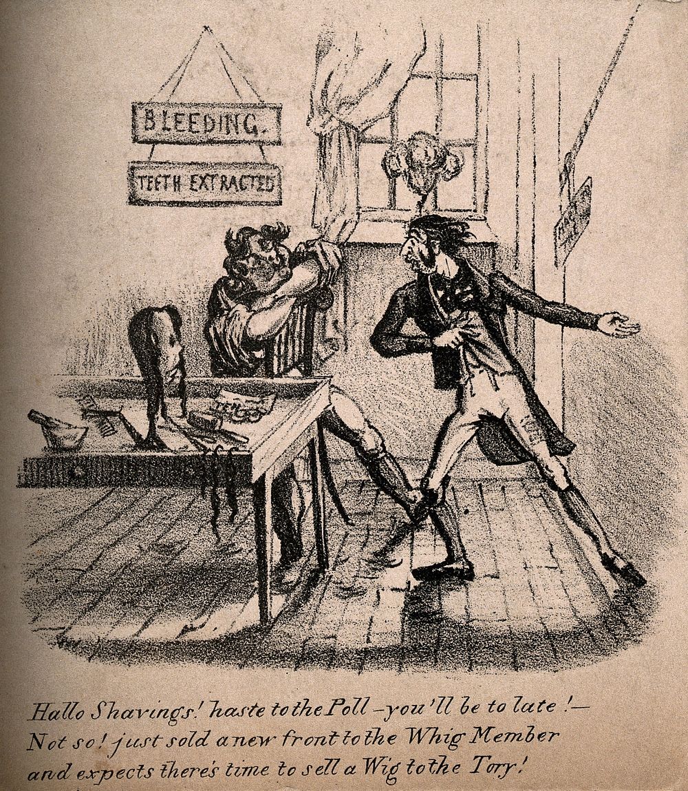 A man rushing into a barber-surgeons' shop to inform the practitioner of the imminent need to vote. Lithograph.