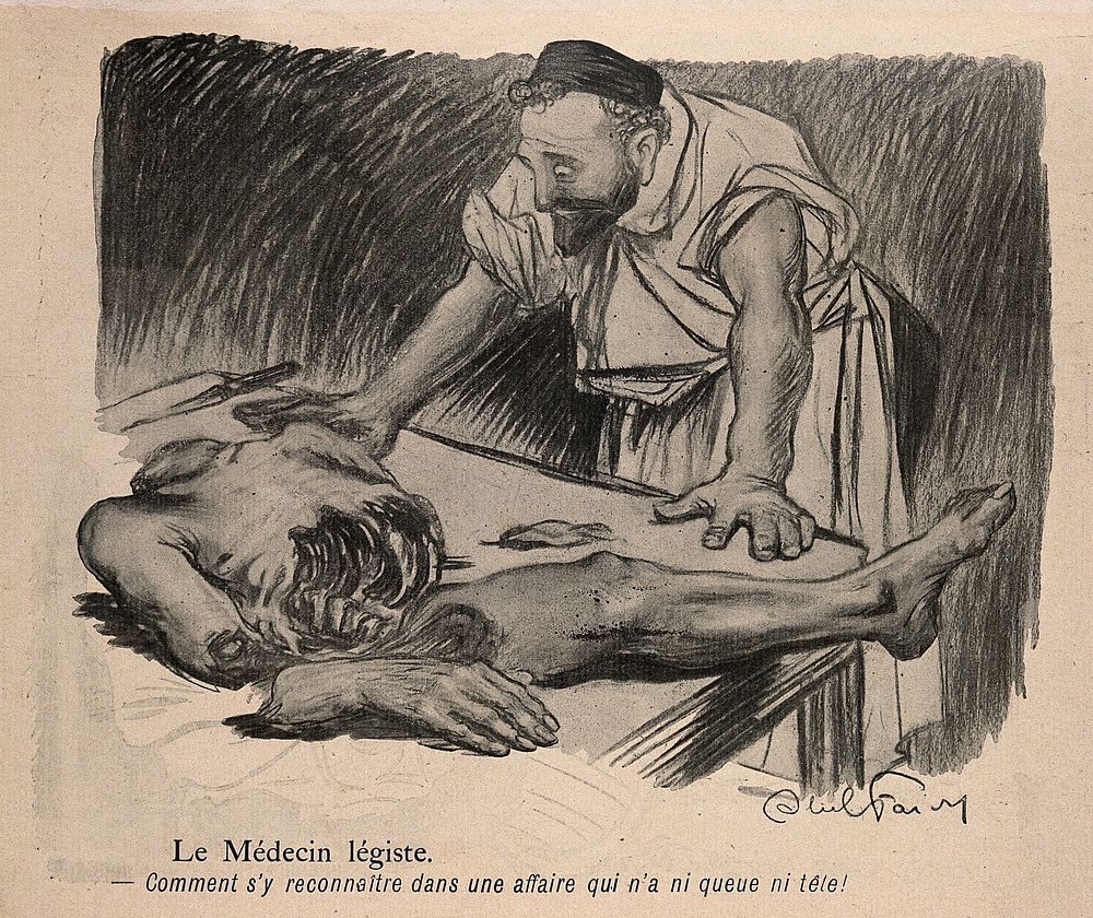 A forensic surgeon wonders where to begin with a headless corpse. Process print after J-A. Faivre, 1902.