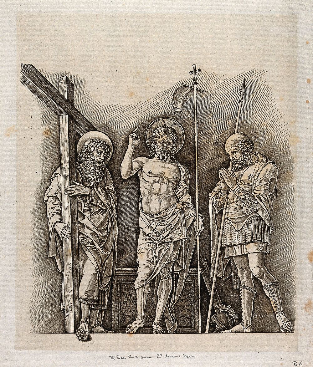 Christ with Saint Andrew and Saint Longinus. Photogravure after A. Mantegna.