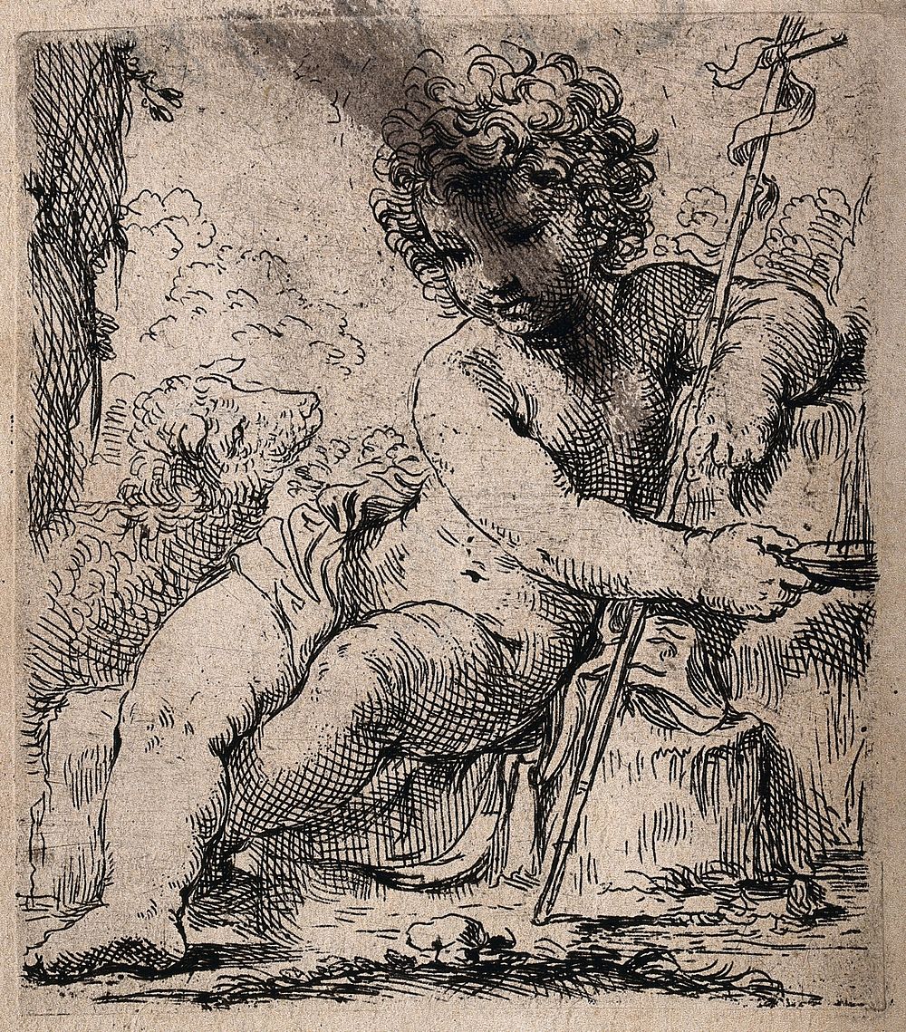 Saint John the Baptist as an infant, seated, holding a cross. Etching by S. Cantarini, 1650/1700.