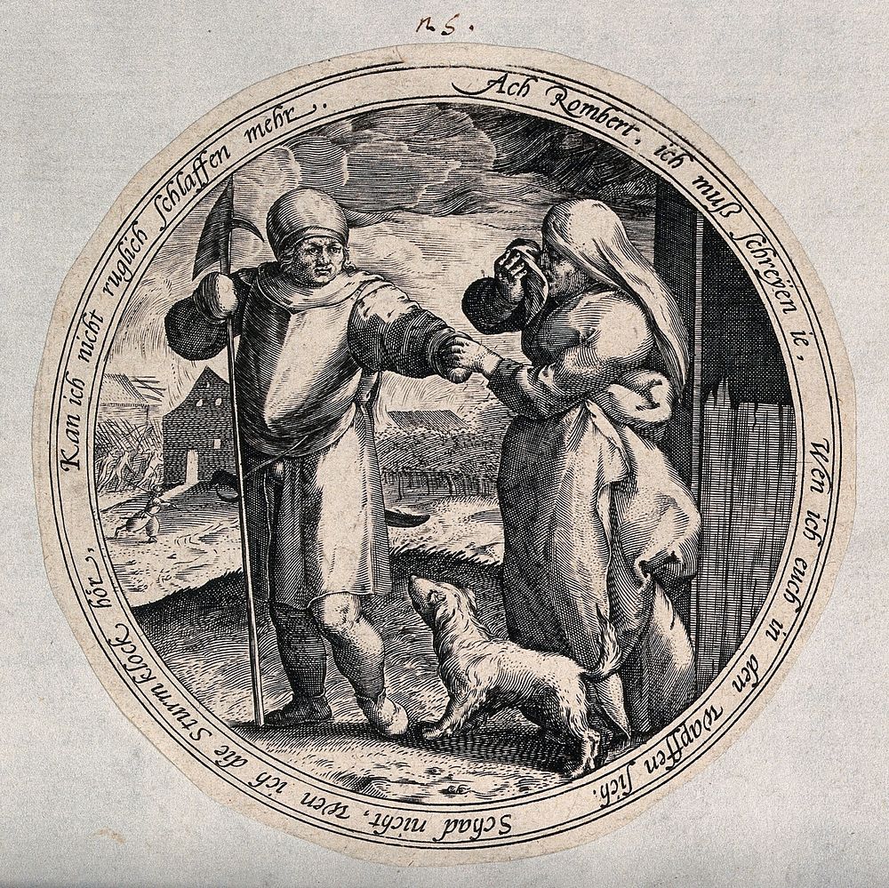 A woman is upset as a man takes his leave of her. Engraving after M. van Cleve.