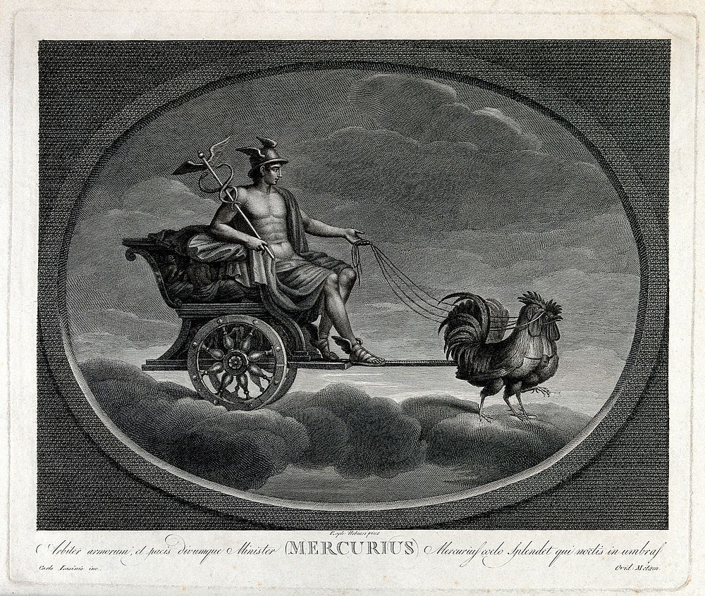 Astronomy: Mercury with his caduceus, in his chariot, drawn by cockerels. Engraving by C. Lasinio after Raphael, 1516.