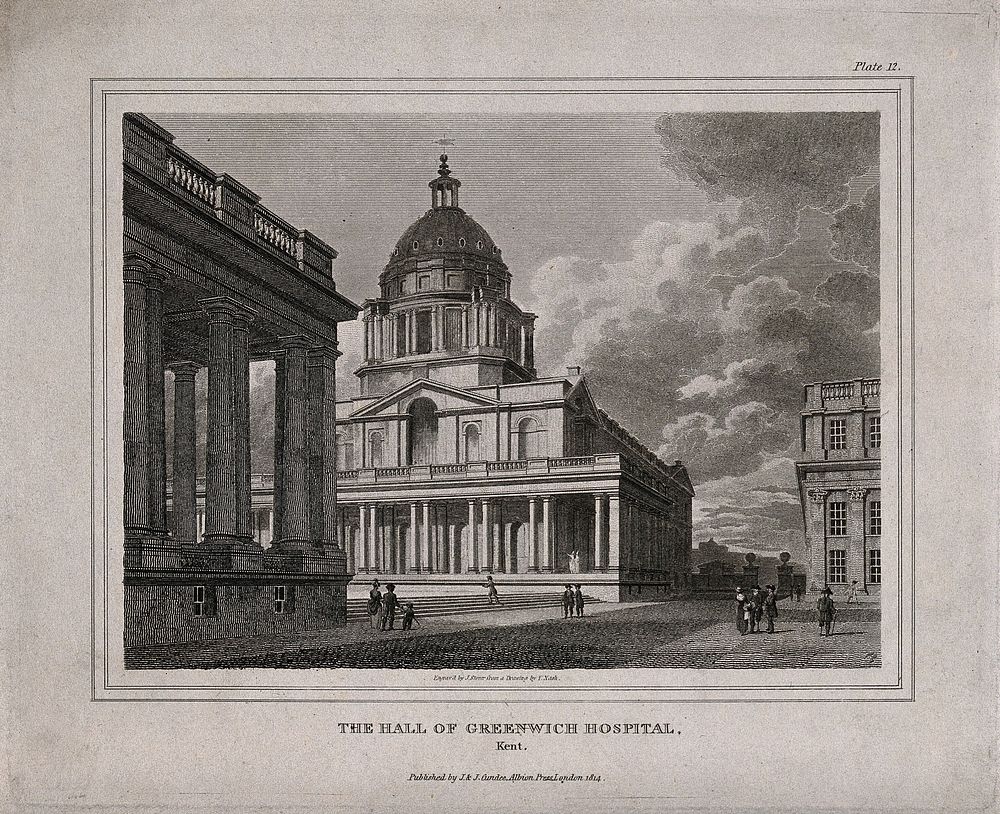 Royal Naval Hospital, Greenwich, a three-quarter view of the Hall. Engraving by J. Storer after F. Nash, 1803.