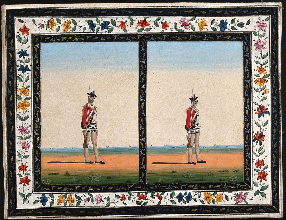 Two sepoys (soldiers) in the dress introduced by the English. Gouache painting by an Indian artist.