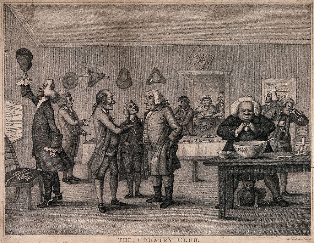 Members of an English country club gathered together in a room, some are talking, others drinking, and food is being brought…