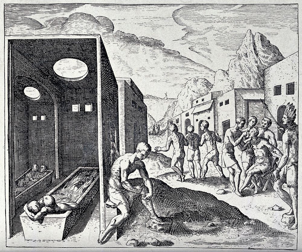 To the left four people are sharing baths, in the centre a man pulls a worm from his leg, and to the right another man is…