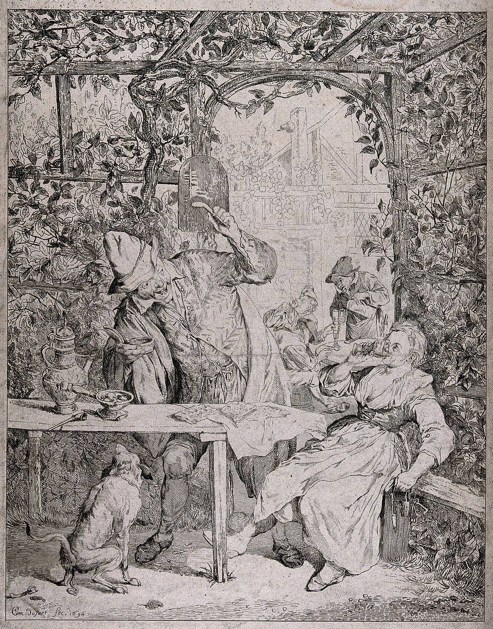 A young woman sits drinking in an arbor as a man prepares to smoke at the table beside her. Etching by C. Dusart, 1694.