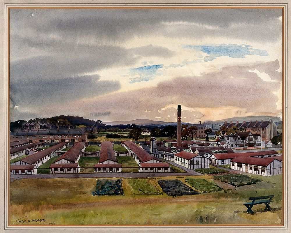 World War I: Scottish National Red Cross Hospital, Bellahouston, Glasgow. Watercolour by Walter Spradbery.