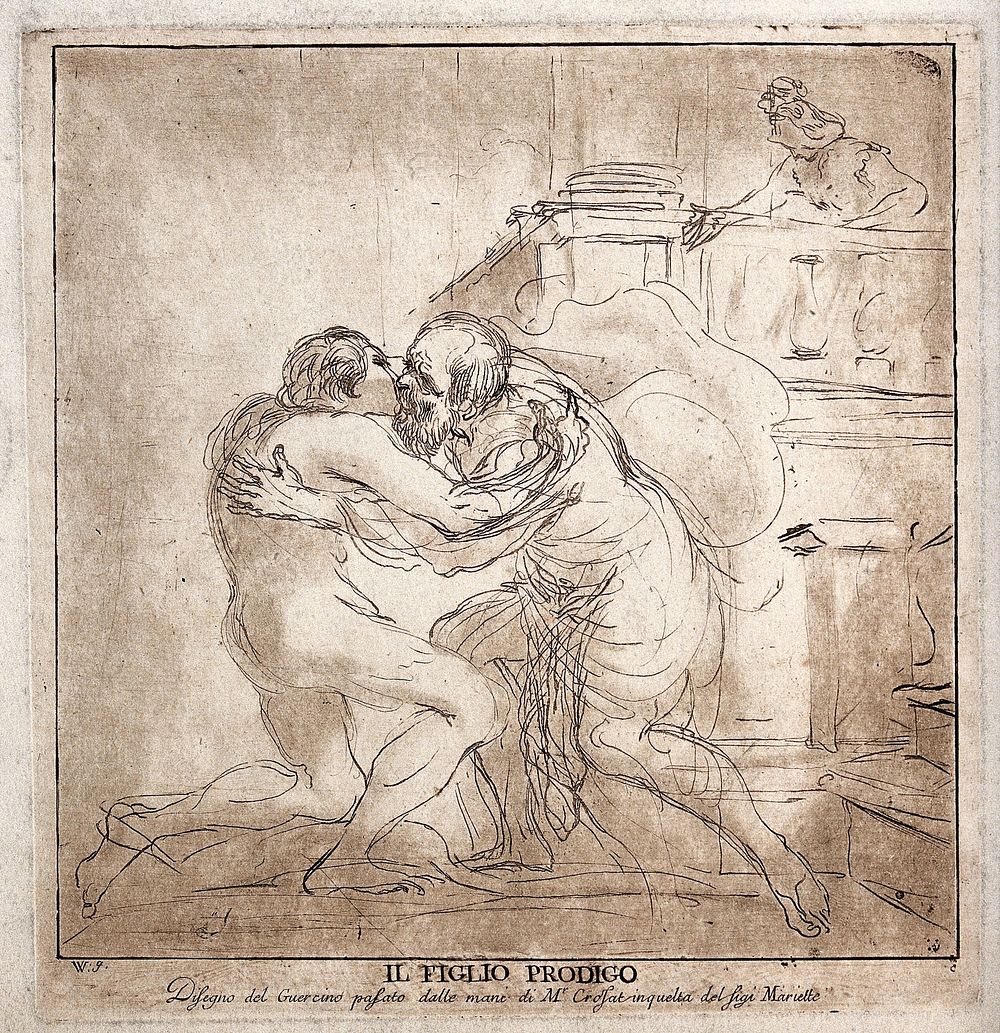 The prodigal son returns and is greeted by his father. Etching by V. Vangelisti after G.F. Barbieri, il Guercino.