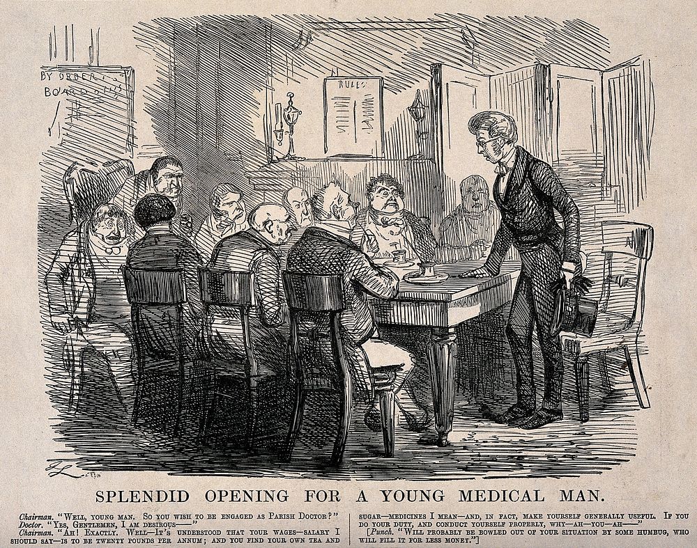 A new doctor being vetted by a local parish committee. Wood engraving after J. Leech.