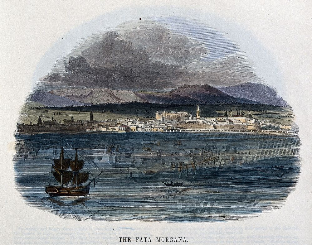 Geography: a mirage in the straits of Messina. Coloured wood engraving by C. Whymper.
