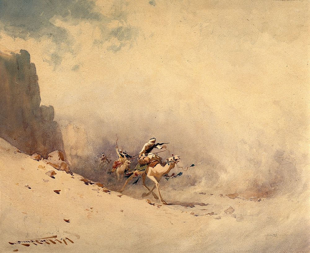 Armed men riding on camels in the desert during a sand storm. Watercolour by A.O. Lamplough, 19--.