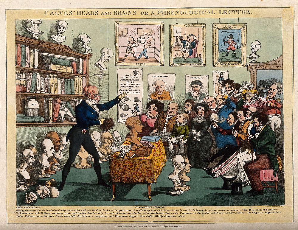George Combe lecturing on phrenology, portrayed with protuberances on his head. Coloured lithograph 1826.