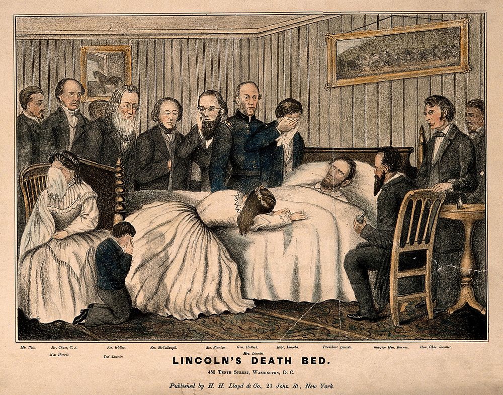 The death of President Abraham Lincoln in Washington, 1865. Coloured lithograph.