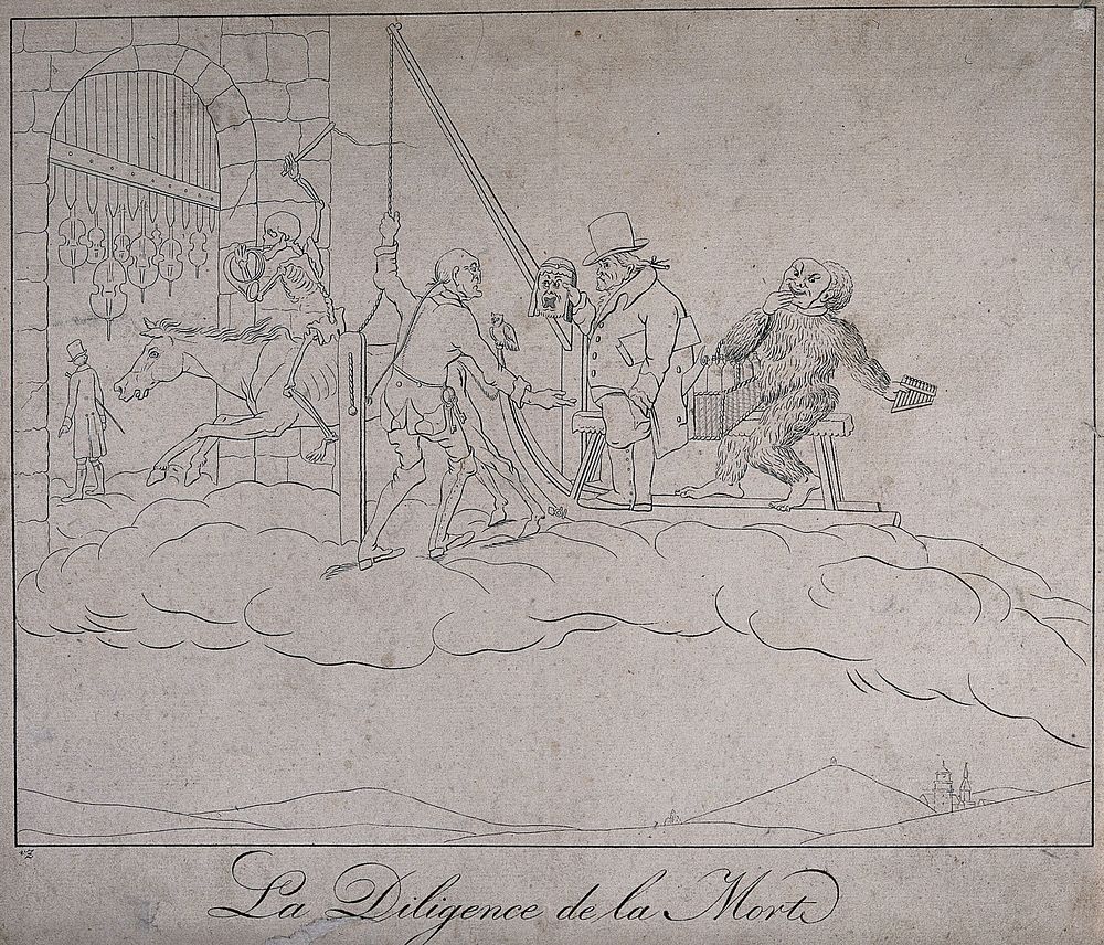 A man is stopped to pay a toll in order to enter a fort built on clouds. Etching.