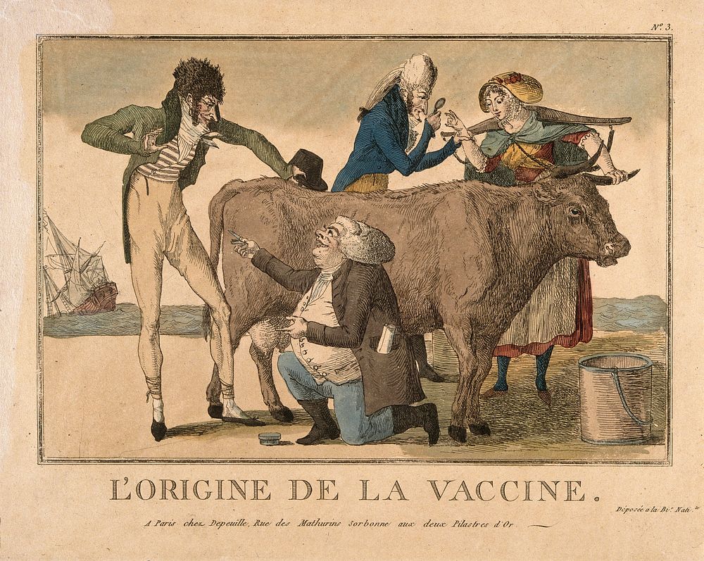 A milk maid shows her cowpoxed hand to a physician, while a farmer or surgeon offers to a dandy inoculation with cowpox that…