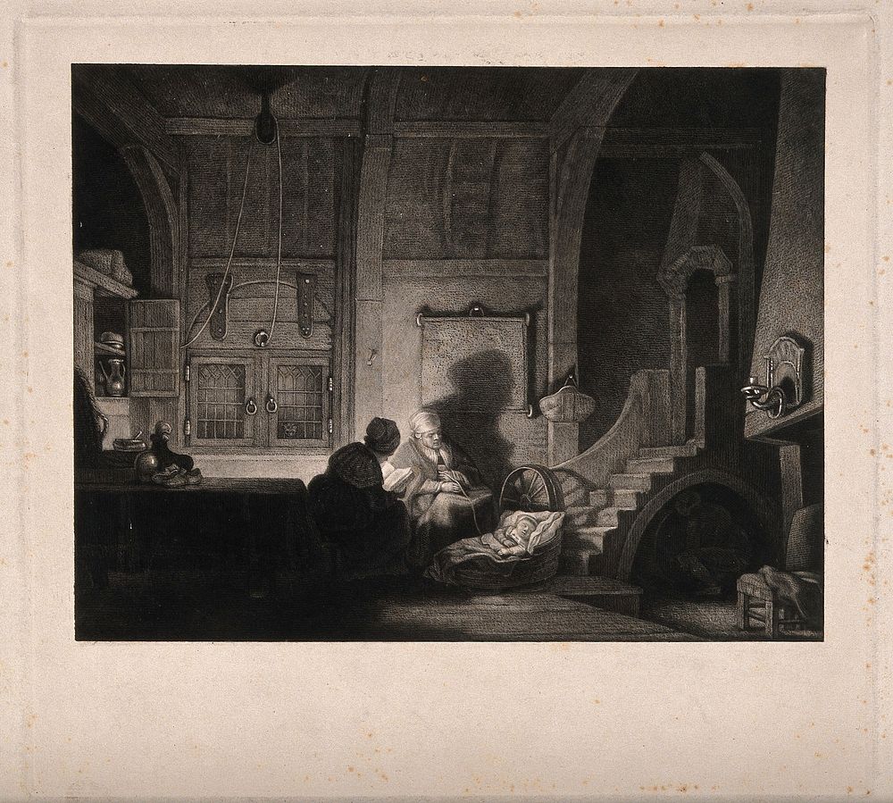 Two people watching over the cradle of a sleeping baby at night. Aquatint after Rembrandt van Rijn, 1644.