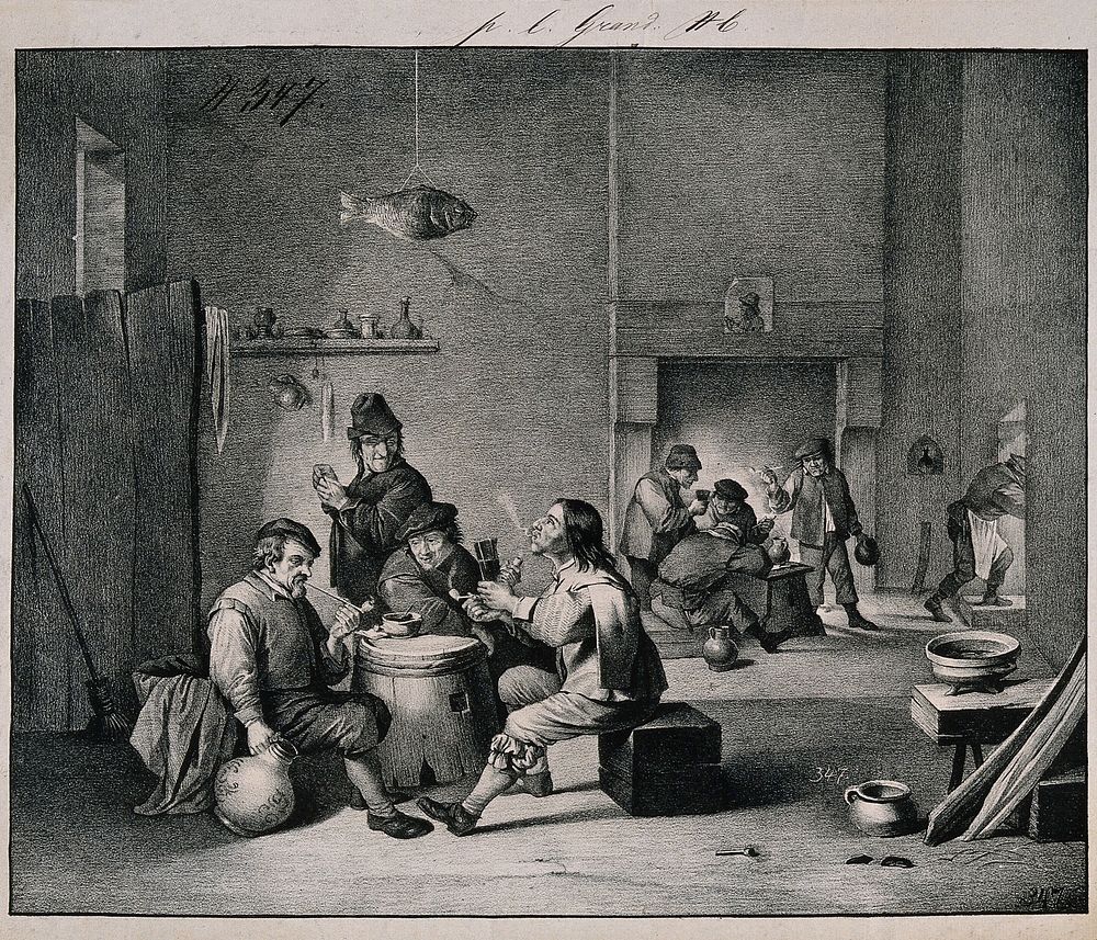 Four men sit indoors smoking round a barrel-table, others drink by the fireplace. Lithograph after D. Teniers .