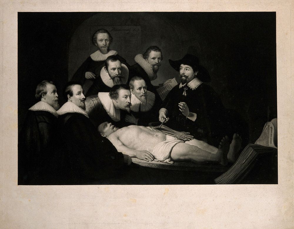 Nicolaus Tulp demonstrating anatomy to seven syndics of the Surgeon's Guild of Amsterdam. Mezzotint after Rembrandt van…