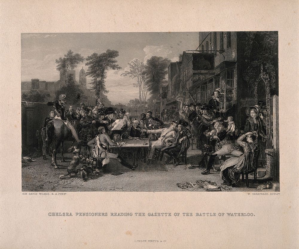 Chelsea Pensioners hearing the news of the battle of Waterloo, outside the Duke of York public house. Engraving by W.…