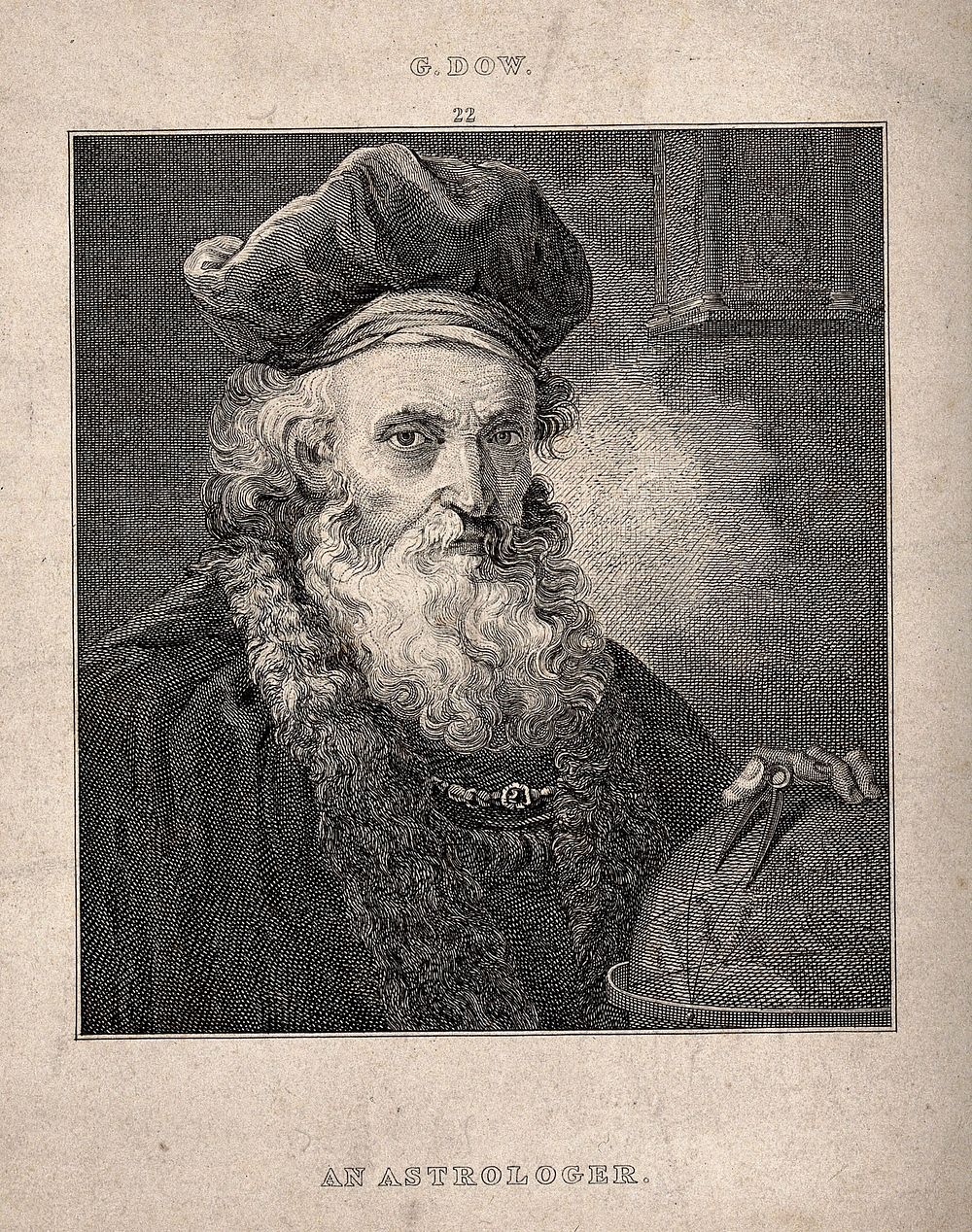 Astronomy: an astronomer in his study, leaning on a planetary globe, while holding a pair of dividers. Engraving.