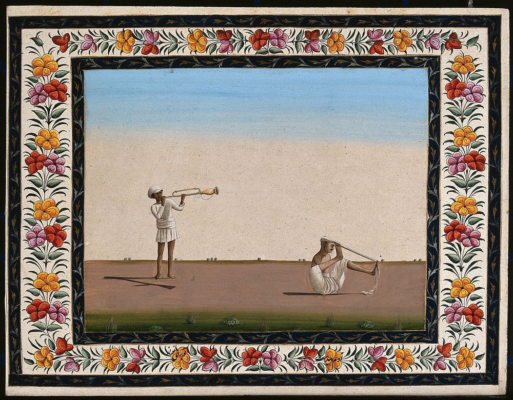 Two Indian men: (left) blowing a trumpet-like instrument and (right) an armless man tying a turban on his head with his…