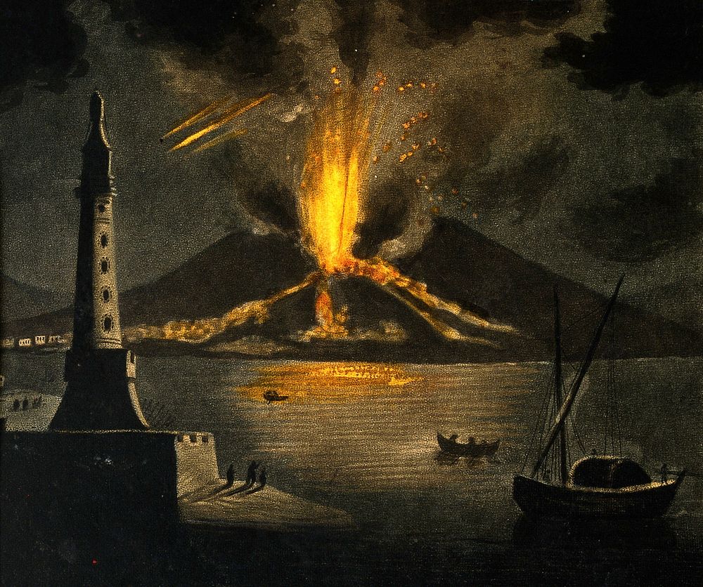 The eruption of a volcano by the sea (Vesuvius); lighthouse and boats in the foreground. Coloured mezzotint.